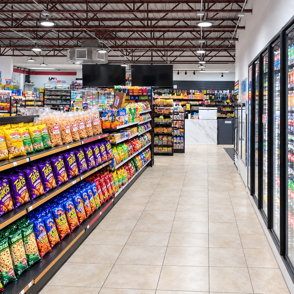 AI-enhanced view of Kwik Pantry with fully stocked, neatly arranged snack shelves, glass-door drink coolers, and the exposed metal ceiling